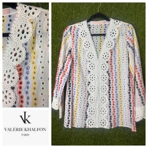 Valerie Khalfon Multicolor Eyelet Lace Tunic V-Neckline Blouse 3/4 Sleeve Sz‎ 40